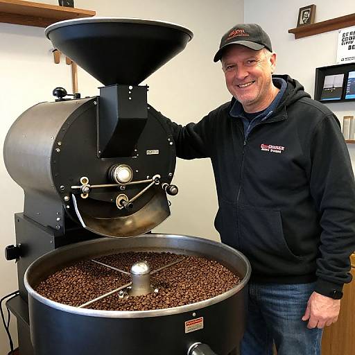 Smiling man in black hoodie and cap stands beside large coffee roaster filled with roasted beans in bright, modern kitchen.