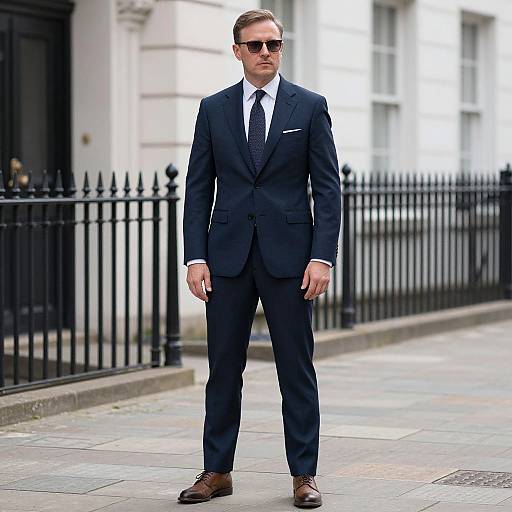 Photograph of a stylish man in a dark navy suit, white shirt, black tie, brown shoes, and sunglasses, standing on a city sidewalk with