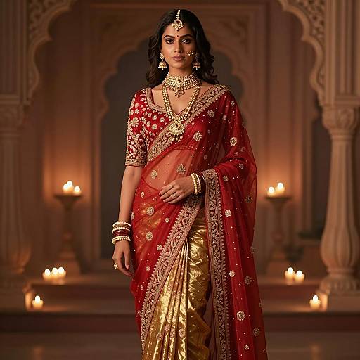 Indian Woman in Traditional Red and Gold Saree