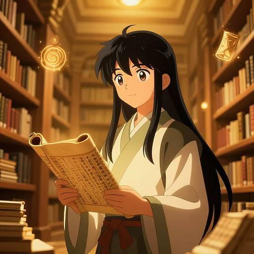 Anime-style digital drawing of a black-haired girl with large eyes in a white and gray kimono, reading a scroll in a warmly lit library.