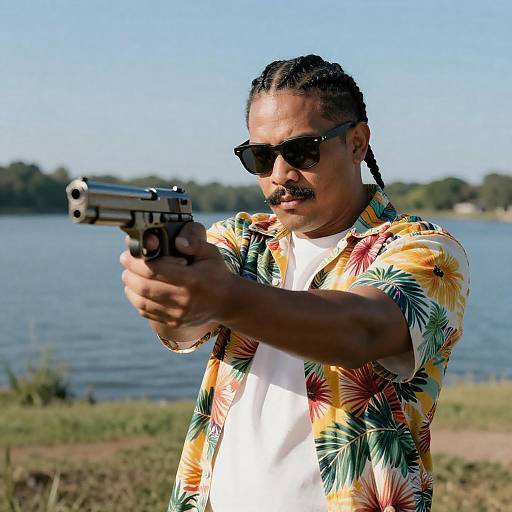 Intense Man by Lake with Pistol