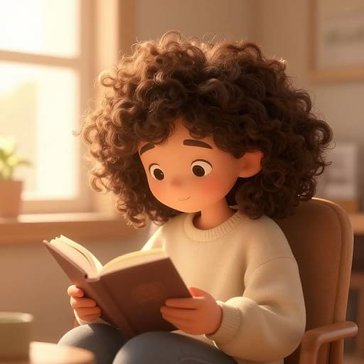 Digital illustration of a curly-haired, wide-eyed child in a white sweater reading a book in a sunlit, cozy room.