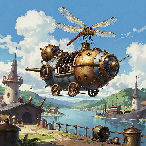 Steampunk Dragonfly in Airship Dockyard