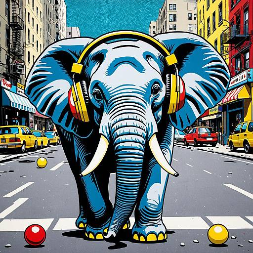 Lowbrow Elephant with Headphones in City Street