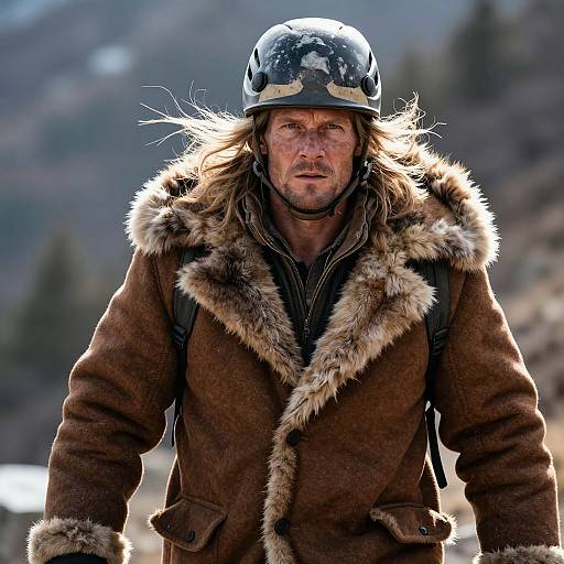 Photograph of a rugged, bearded man with long hair, wearing a camouflage helmet and a brown fur-lined coat, standing outdoors in a mountainous