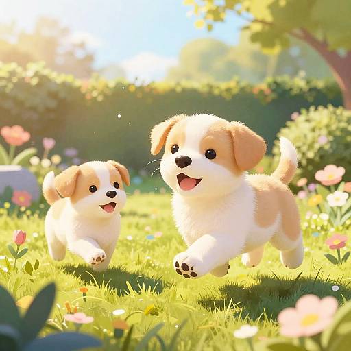 Joyful Puppies in Sunny Garden