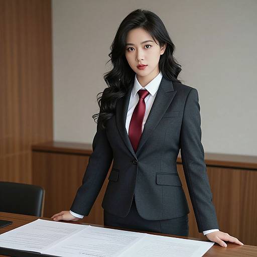 Photograph of an Asian woman with long black hair, wearing a black suit and red tie, standing in a wood-paneled office, hands on a