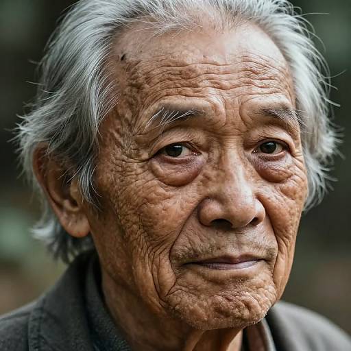 Photograph of an elderly Asian man with weathered, wrinkled skin, gray hair, and deep-set eyes, wearing a dark jacket, against a
