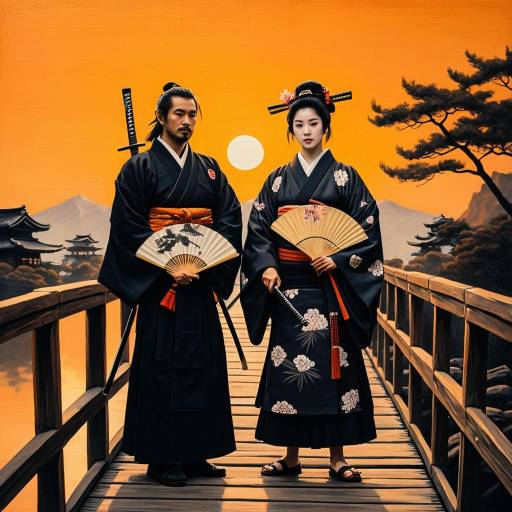 Samurai and Geisha on Wooden Bridge at Sunset