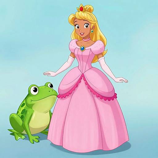 Digital cartoon of Princess Peach in a pink gown and white gloves, standing beside a green frog with large eyes, against a blue gradient background.