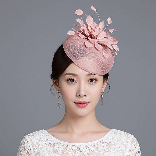 Photograph of an Asian woman with fair skin, dark hair in a bun, wearing a pink floral fascinator, white lace dress, and dangling earrings
