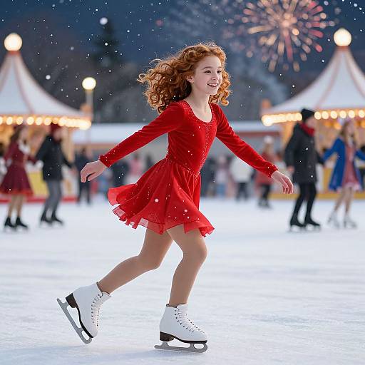 Photograph of a smiling red-haired woman in a red dress skating on an outdoor rink at night, with festive lights and fireworks in the background.