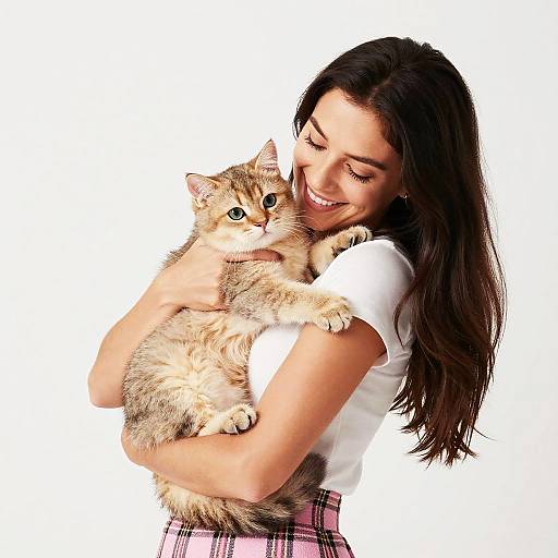 Photograph of a smiling young woman with long dark hair, wearing a white shirt and pink plaid skirt, hugging a fluffy, brown tabby
