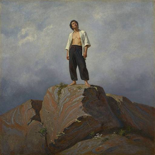 Tired Oriental Man on Cliff Top