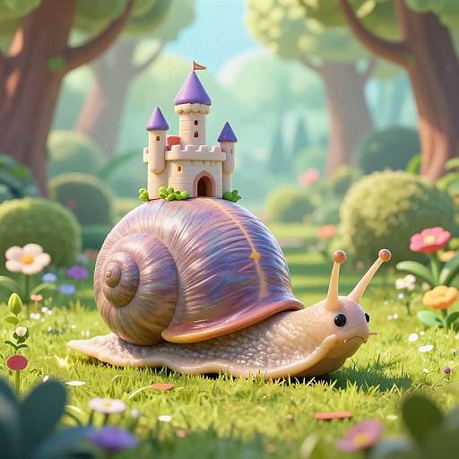 CGI image of a whimsical garden scene: a snail with a colorful, iridescent shell carries a tiny, blue-turreted castle