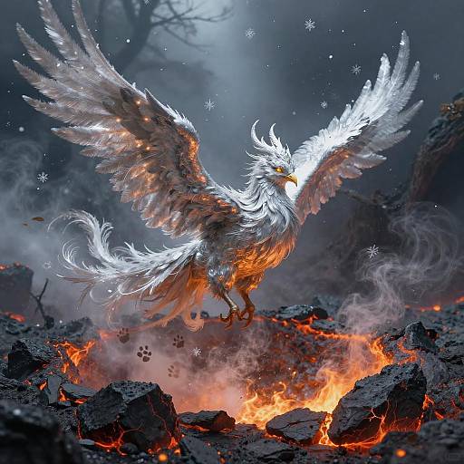 Silver-Winged Phoenix in Fiery Crater