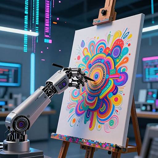 Digital art machine painting vibrant, colorful abstract on canvas in futuristic studio with neon lights and blurred background.