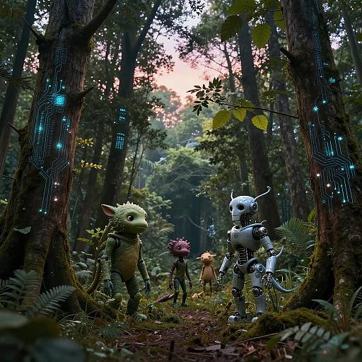 Photorealistic CGI forest scene with four humanoid creatures: green lizard-like, pink-haired, white robotic, and orange fox-like, surrounded by glowing tree