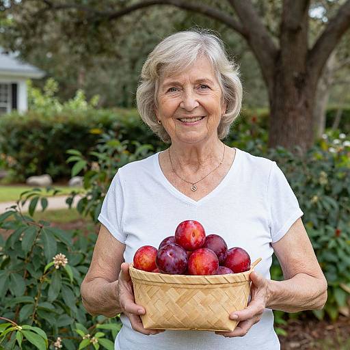 Photograph of an elderly white woman with short gray hair, wearing a white shirt, smiling, holding a basket of red plums in a lush,