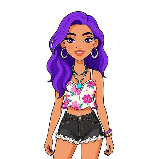 Colorful digital illustration of a confident young woman with purple hair, wearing a floral crop top, black lace-trimmed shorts, hoop earrings, and