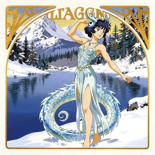 Digital anime-style illustration of a blue-haired woman with a dragon tail, wearing a white, icy-themed dress, standing in a snowy mountain landscape with a