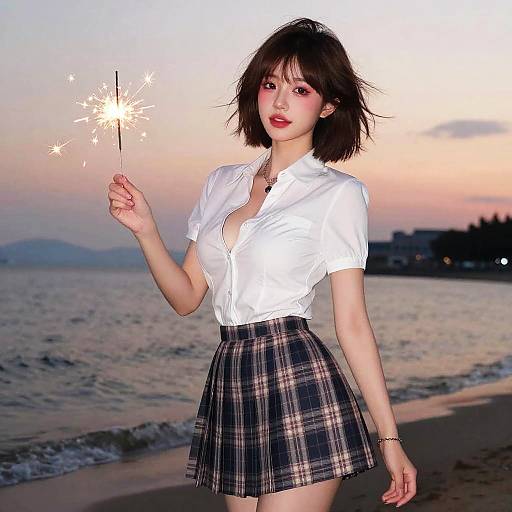Young Woman Holding Sparkler at Beach Sunset