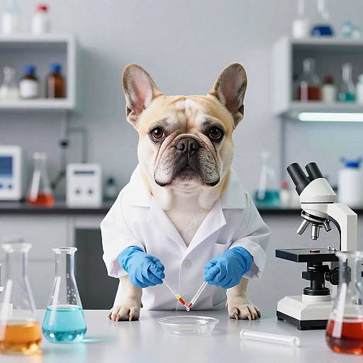 Photograph of a French Bulldog in a white lab coat and blue gloves, holding a pipette over a microscope in a modern lab, with various