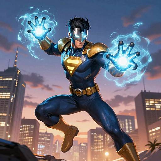 CGI image of Superman in blue suit with gold accents and glowing blue energy hands, mid-air, against a sunset cityscape.