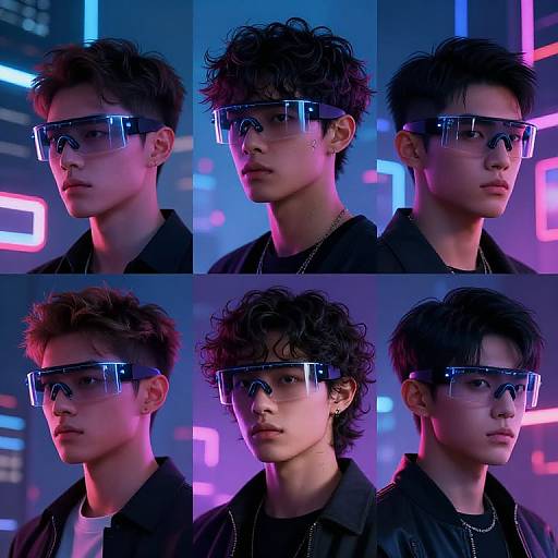 Photorealistic CGI composite of six portraits of an androgynous, Asian male with curly black hair, wearing neon-lit, reflective goggles and