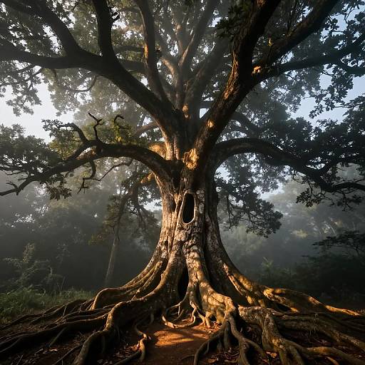 Majestic Ancient Tree in Foggy Forest