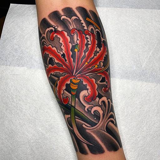 Vibrant forearm tattoo of a red and pink flower with swirling black and gray backgrounds, featuring intricate shading and bold colors.