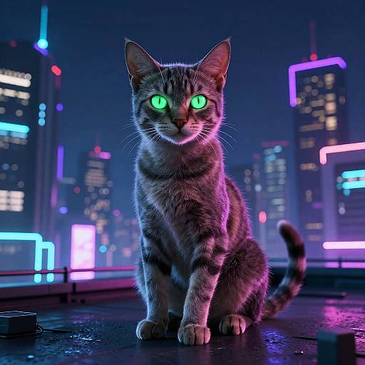 Neon-lit digital artwork of a glowing green-eyed tabby cat sitting on a rooftop with futuristic cityscape in the background.