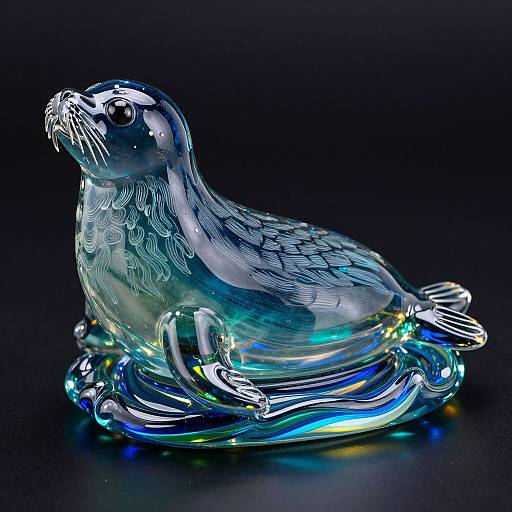 Photograph of a transparent, intricately detailed glass seabird sculpture with blue and green hues, sitting on a reflective base, against a dark background.
