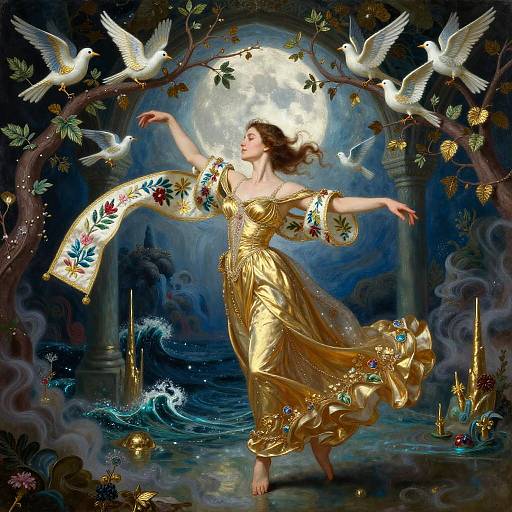 Woman Dancing in Gold Gown with Porcelain Birds
