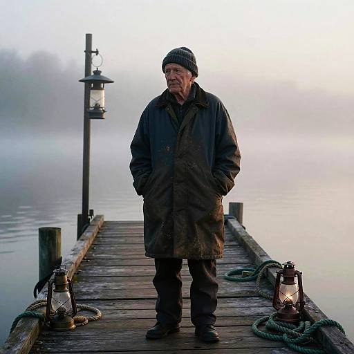 Melancholy Fisherman on Fogbound Pier