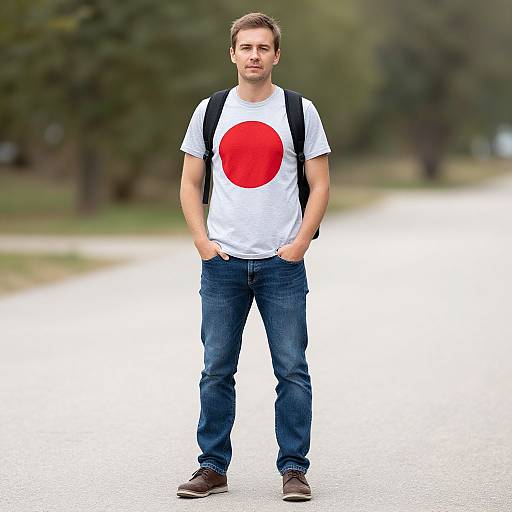 Casual Man with Backpack Pose