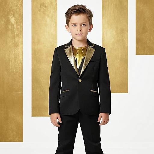 Photograph of a young boy with short brown hair, wearing a black suit with gold trim, gold shirt, standing against a gold and white background.