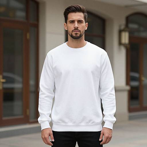 Photograph of a handsome, bearded man with short dark hair, wearing a plain white long-sleeve shirt and black pants, standing in front