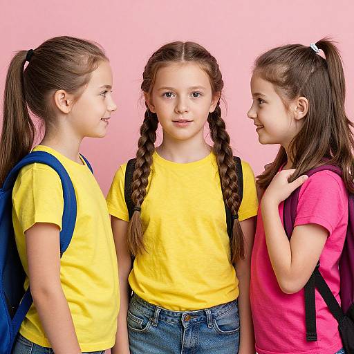 Photograph of three young girls, all with long brown hair in ponytails, wearing yellow and pink shirts, blue jeans, and backpacks, smiling