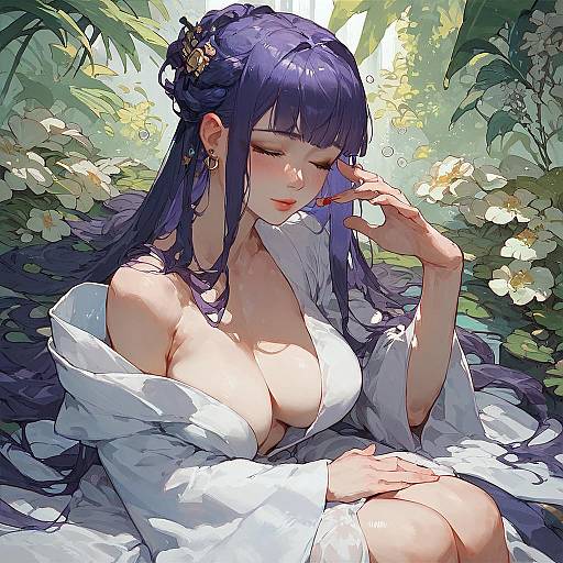 Anime Girl with Purple Hair in Garden