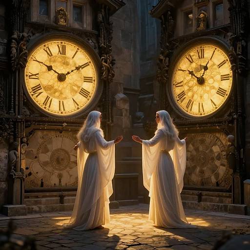 Digital artwork of two white-robed, veiled women facing large, glowing clock faces in a dimly lit, stone courtyard at night.