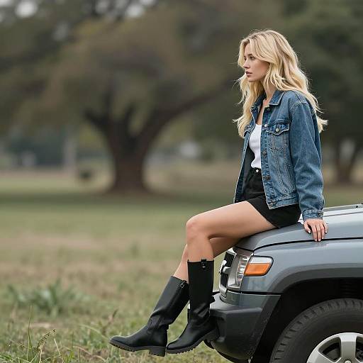 Blonde Girl Sitting on a Vehicle Outdoors