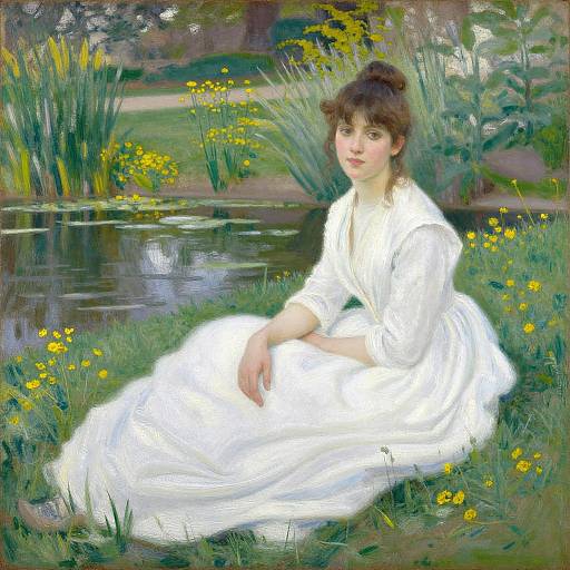 Impressionist painting of a young woman with brown hair in a bun, wearing a white dress, sitting by a pond with yellow flowers and greenery