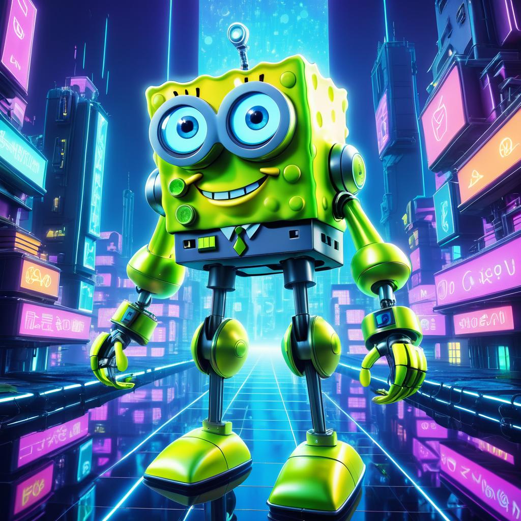 Futuristic Robot SpongeBob in Neon City