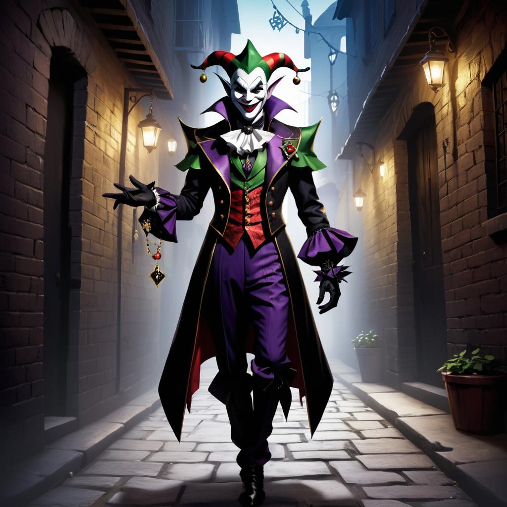 Sinister Jester in Shadowy Alleyway