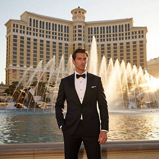 Photograph of a handsome man in a black tuxedo with bow tie, standing in front of a luxurious fountain at sunset, with a grand hotel