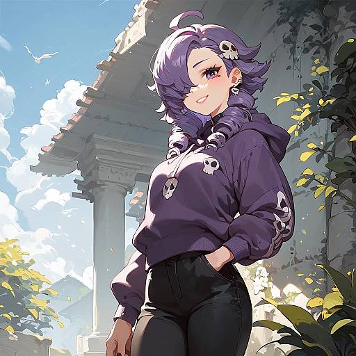 Zone-tan Smiling in Purple Hoodie Outdoors