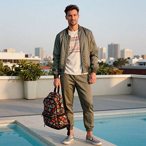 Photograph of a young man with short dark hair and beard, wearing a green jacket, white tee, and olive pants, standing by a rooftop pool