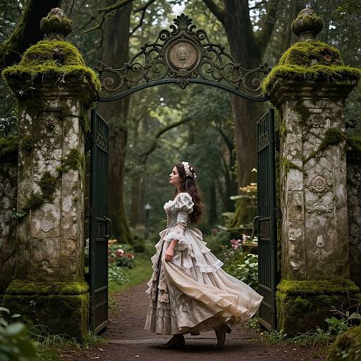 Photograph of a woman in an elaborate, white, flowing Victorian dress, standing in a moss-covered, ornate iron gate, forest path background.