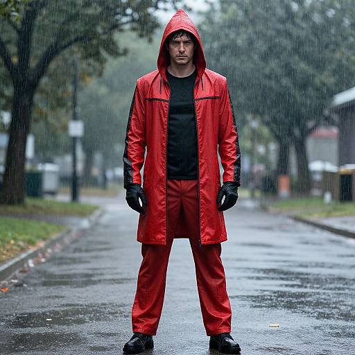 Man in Red and Black Rain Costume